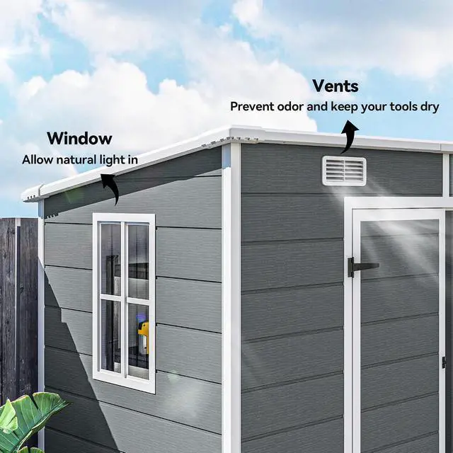 Alt view image 6 of 7 - 8' x 4' Outdoor Storage Shed, Waterproof Resin Plastic Shed with Floor, Window, Lockable Doors and Vents, All-Weather Garden Tool Shed for Backyard, Patio, Lawn, Gray