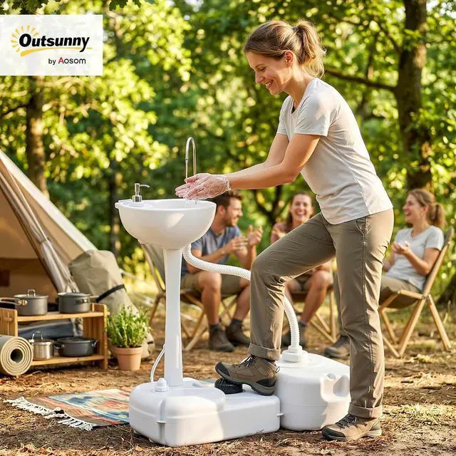 Alt view image 2 of 7 - Portable Camping Sink w/ 4.5 Gal Tank, Wheels, Manual Foot Pump, | Handwashing Station Basin, Cold Water Only, 6.3 Gal Recovery Tank, Soap Dispenser, for RV, Outdoor Events, Gatherings, HDPE