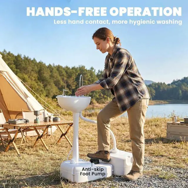 Alt view image 4 of 7 - Portable Camping Sink w/ 4.5 Gal Tank, Wheels, Manual Foot Pump, | Handwashing Station Basin, Cold Water Only, 6.3 Gal Recovery Tank, Soap Dispenser, for RV, Outdoor Events, Gatherings, HDPE