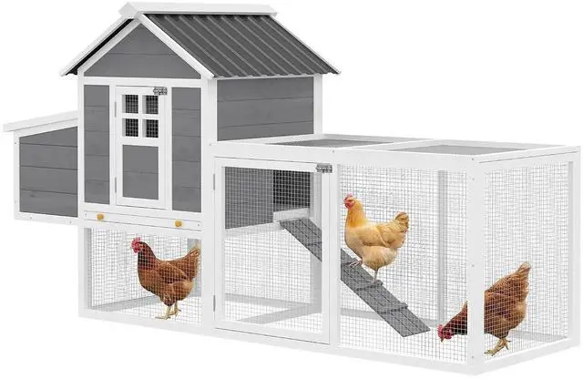 Main image of PawHut 82" Wooden Chicken Coop for 2-3 Hens with Nesting Box Gray | Large Outdoor Hen House Poultry Hutch, Pull-on Tray, Waterproof Roof, Ramp, Roosting Bars, Backyard Use