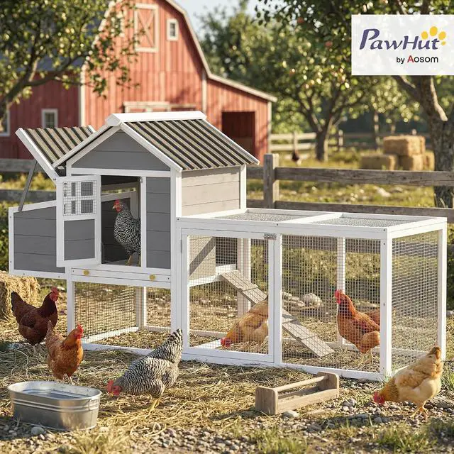 Alt view image 2 of 7 - PawHut 82" Wooden Chicken Coop for 2-3 Hens with Nesting Box Gray | Large Outdoor Hen House Poultry Hutch, Pull-on Tray, Waterproof Roof, Ramp, Roosting Bars, Backyard Use