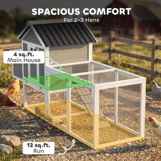 Alt view image 3 of 7 - PawHut 82" Wooden Chicken Coop for 2-3 Hens with Nesting Box Gray | Large Outdoor Hen House Poultry Hutch, Pull-on Tray, Waterproof Roof, Ramp, Roosting Bars, Backyard Use