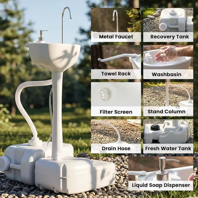 Alt view image 7 of 7 - Portable Camping Sink w/ 4.5 Gal Tank, Wheels, Manual Foot Pump, | Handwashing Station Basin, Cold Water Only, 6.3 Gal Recovery Tank, Soap Dispenser, for RV, Outdoor Events, Gatherings, HDPE