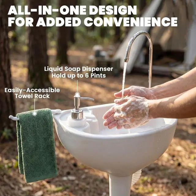 Alt view image 5 of 7 - Portable Camping Sink w/ 4.5 Gal Tank, Wheels, Manual Foot Pump, | Handwashing Station Basin, Cold Water Only, 6.3 Gal Recovery Tank, Soap Dispenser, for RV, Outdoor Events, Gatherings, HDPE