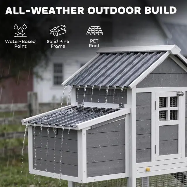 Alt view image 4 of 7 - PawHut 82" Wooden Chicken Coop for 2-3 Hens with Nesting Box Gray | Large Outdoor Hen House Poultry Hutch, Pull-on Tray, Waterproof Roof, Ramp, Roosting Bars, Backyard Use