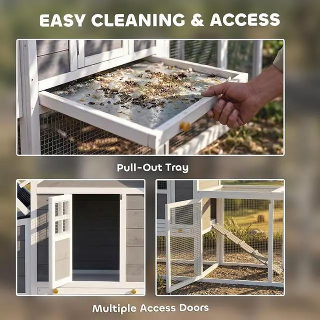 Alt view image 6 of 7 - PawHut 82" Wooden Chicken Coop for 2-3 Hens with Nesting Box Gray | Large Outdoor Hen House Poultry Hutch, Pull-on Tray, Waterproof Roof, Ramp, Roosting Bars, Backyard Use
