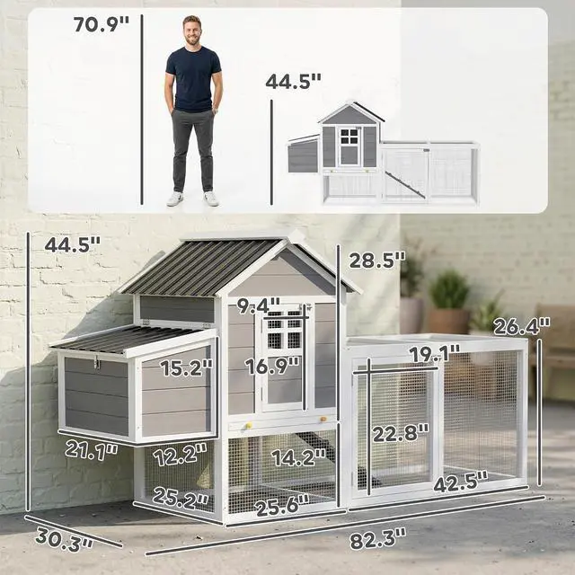 Alt view image 7 of 7 - PawHut 82" Wooden Chicken Coop for 2-3 Hens with Nesting Box Gray | Large Outdoor Hen House Poultry Hutch, Pull-on Tray, Waterproof Roof, Ramp, Roosting Bars, Backyard Use