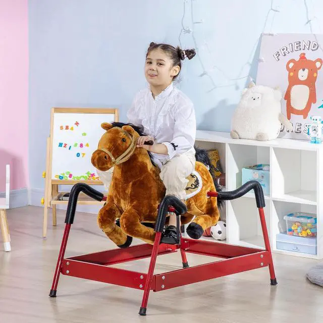 Alt view image 2 of 7 - Qaba Kids Spring Rocking Horse Ride on Horse for Girls and Boys Light Brown | Sounds, Plush Animal Ride-on Toy, Soft Feel, Interactive Toy for Kids