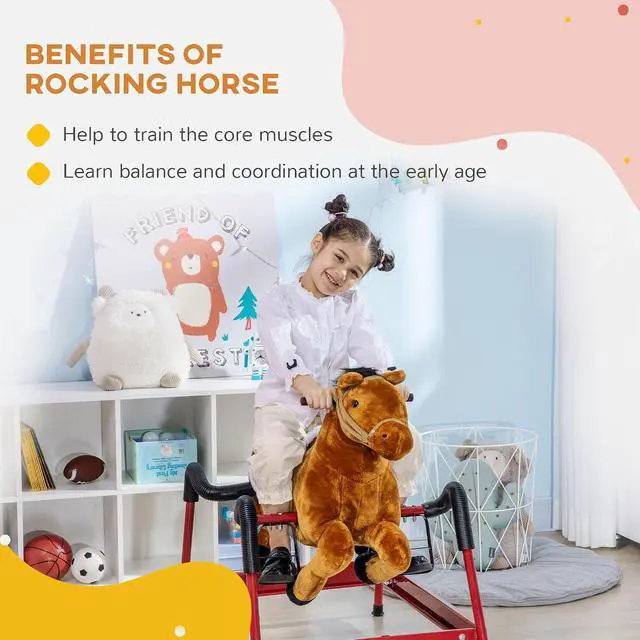 Alt view image 3 of 7 - Qaba Kids Spring Rocking Horse Ride on Horse for Girls and Boys Light Brown | Sounds, Plush Animal Ride-on Toy, Soft Feel, Interactive Toy for Kids