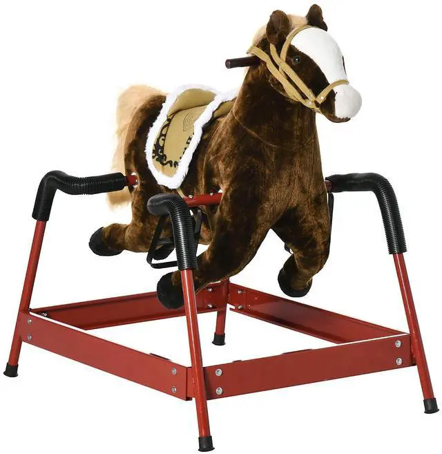 Main image of Qaba Kids Spring Rocking Horse Ride on Horse for Girls and Boys Dark Brown | Sounds, Plush Animal Ride-on Toy, Soft Feel, Interactive Toy for Kids