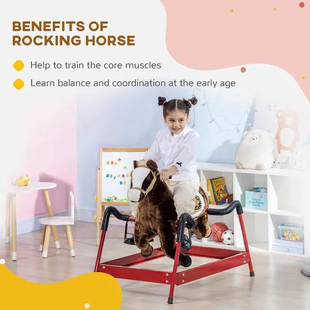 Alt view image 3 of 6 - Qaba Kids Spring Rocking Horse Ride on Horse for Girls and Boys Dark Brown | Sounds, Plush Animal Ride-on Toy, Soft Feel, Interactive Toy for Kids