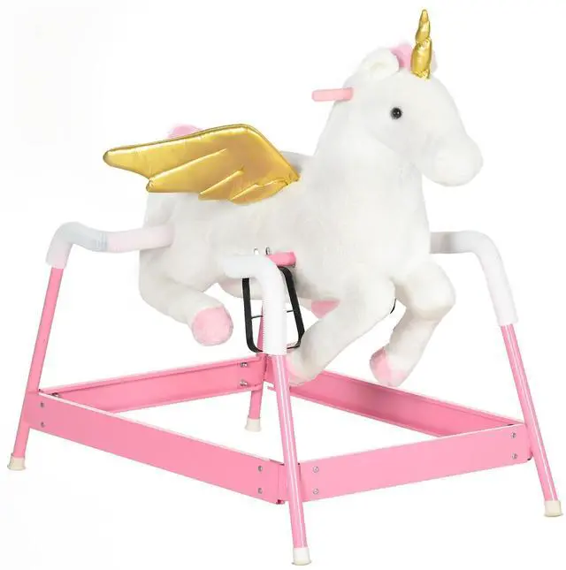 Main image of Qaba Kids Spring Rocking Horse Ride on Horse for Girls and Boys Pink | Unicon, Sounds, Plush Animal Ride on Toy, Soft Feel, Interactive Toy for Kids