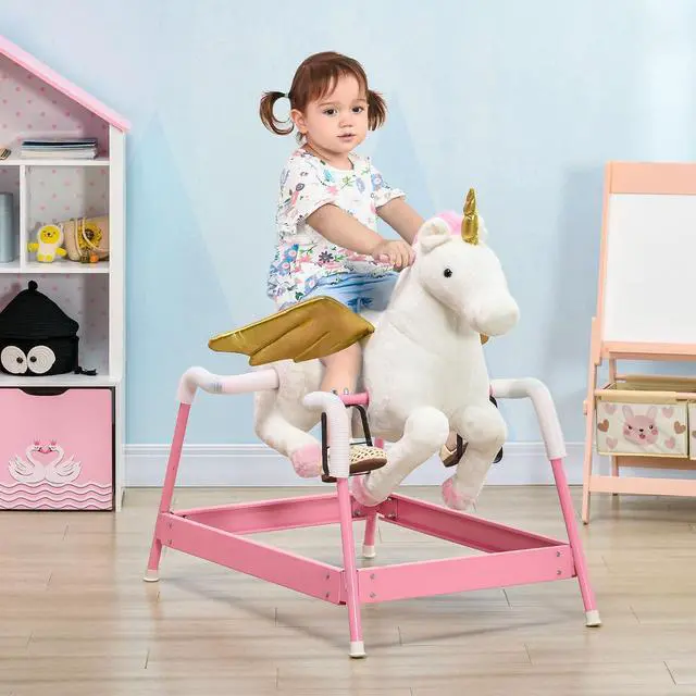 Alt view image 2 of 7 - Qaba Kids Spring Rocking Horse Ride on Horse for Girls and Boys Pink | Unicon, Sounds, Plush Animal Ride on Toy, Soft Feel, Interactive Toy for Kids
