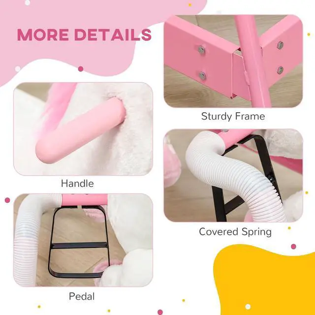 Alt view image 5 of 7 - Qaba Kids Spring Rocking Horse Ride on Horse for Girls and Boys Pink | Unicon, Sounds, Plush Animal Ride on Toy, Soft Feel, Interactive Toy for Kids