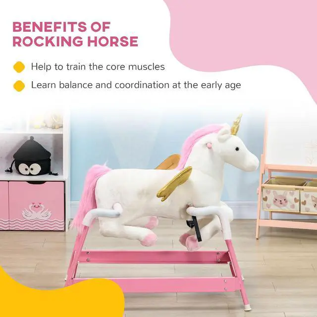 Alt view image 4 of 7 - Qaba Kids Spring Rocking Horse Ride on Horse for Girls and Boys Pink | Unicon, Sounds, Plush Animal Ride on Toy, Soft Feel, Interactive Toy for Kids