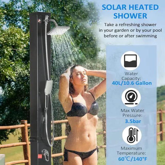 Alt view image 3 of 7 - 10.6 Gallons Solar Heated Shower, Outdoor Shower, 7ft | Handheld Head, Temperature Adjustment, Foot Faucet, 2-Section, Backyard Poolside Beach Pool Spa