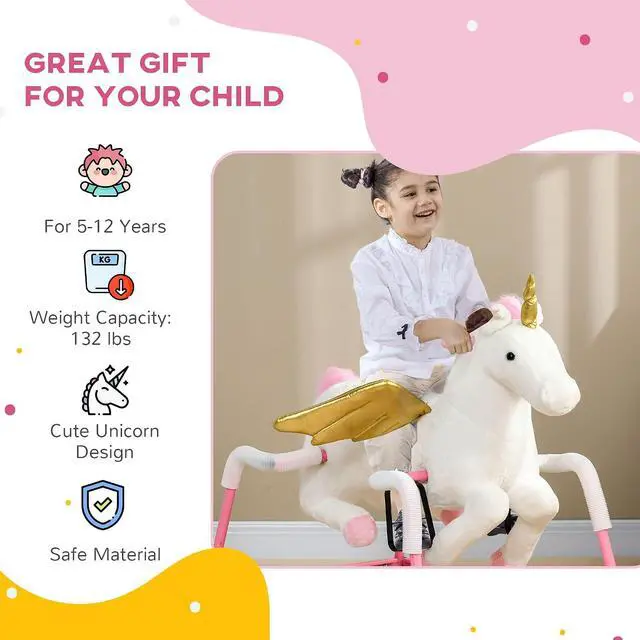 Alt view image 6 of 7 - Qaba Kids Spring Rocking Horse Ride on Horse for Girls and Boys Pink | Unicon, Sounds, Plush Animal Ride on Toy, Soft Feel, Interactive Toy for Kids