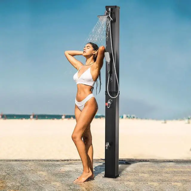 Alt view image 2 of 7 - 10.6 Gallons Solar Heated Shower, Outdoor Shower, 7ft | Handheld Head, Temperature Adjustment, Foot Faucet, 2-Section, Backyard Poolside Beach Pool Spa