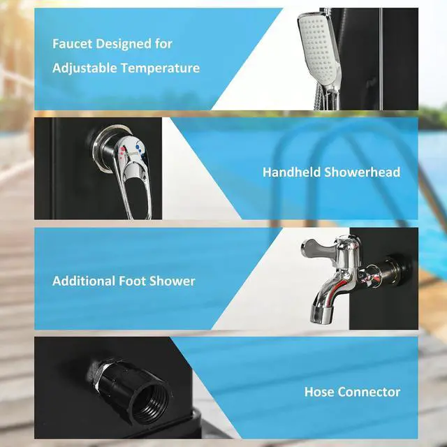 Alt view image 4 of 7 - 10.6 Gallons Solar Heated Shower, Outdoor Shower, 7ft | Handheld Head, Temperature Adjustment, Foot Faucet, 2-Section, Backyard Poolside Beach Pool Spa
