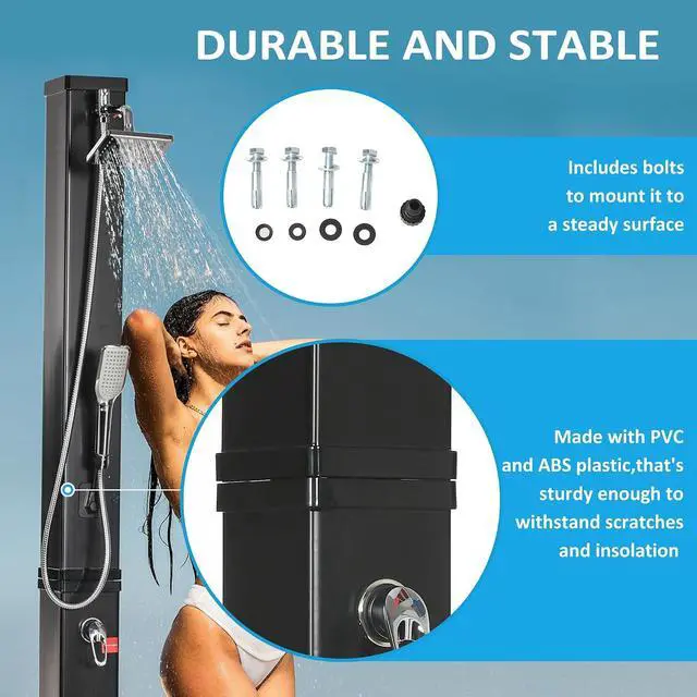 Alt view image 6 of 7 - 10.6 Gallons Solar Heated Shower, Outdoor Shower, 7ft | Handheld Head, Temperature Adjustment, Foot Faucet, 2-Section, Backyard Poolside Beach Pool Spa