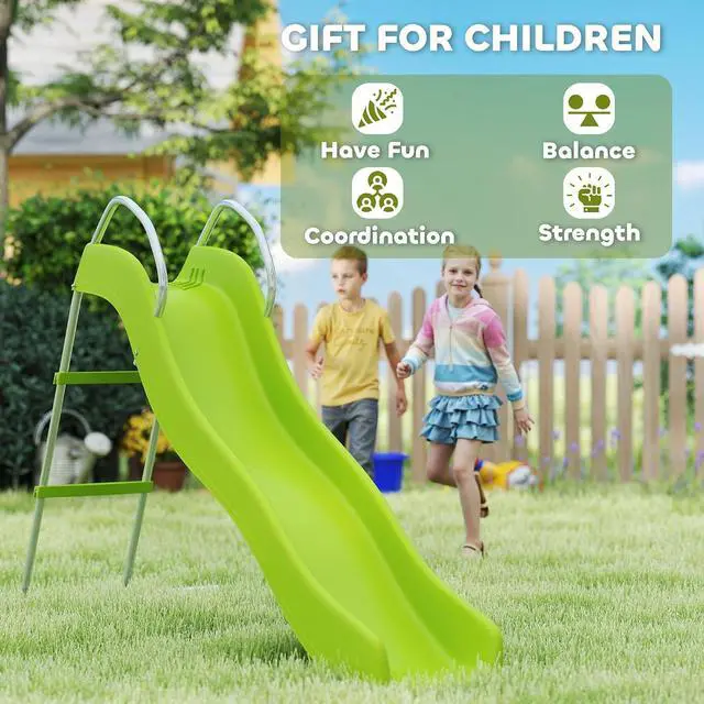Alt view image 6 of 7 - Qaba Outdoor Slide Freestanding Wave Slide for Kids Ages 3-8 5.7FT Green | Climbing Step Ladder, Playground Equipment, Backyard, Garden, Gift for Boys and Girls