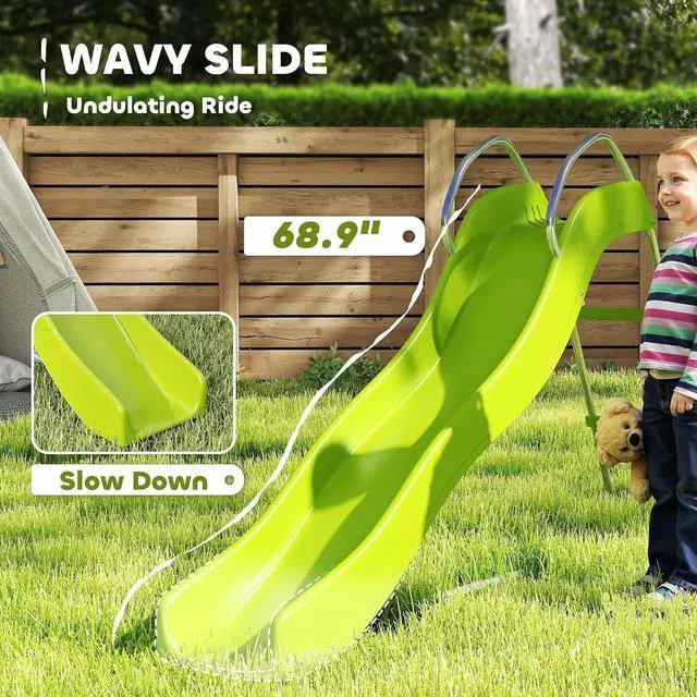 Alt view image 4 of 7 - Qaba Outdoor Slide Freestanding Wave Slide for Kids Ages 3-8 5.7FT Green | Climbing Step Ladder, Playground Equipment, Backyard, Garden, Gift for Boys and Girls