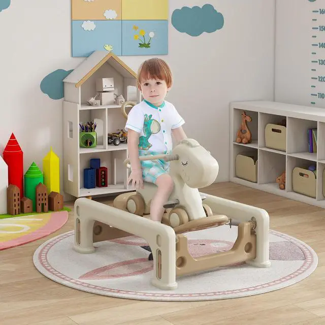 Alt view image 2 of 7 - Qaba 5 in 1 Kids Rocking Horse Horse-Shaped Detachable Base Cream White | Kids Spring Rocking Toy, Balance Bike Push Cart, Safety Guardrails, Footrests, Push Handle