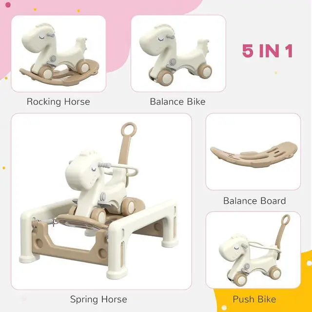 Alt view image 3 of 7 - Qaba 5 in 1 Kids Rocking Horse Horse-Shaped Detachable Base Cream White | Kids Spring Rocking Toy, Balance Bike Push Cart, Safety Guardrails, Footrests, Push Handle