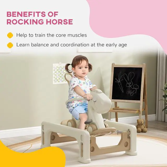 Alt view image 4 of 7 - Qaba 5 in 1 Kids Rocking Horse Horse-Shaped Detachable Base Cream White | Kids Spring Rocking Toy, Balance Bike Push Cart, Safety Guardrails, Footrests, Push Handle