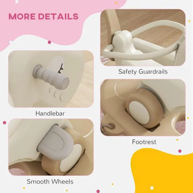 Alt view image 6 of 7 - Qaba 5 in 1 Kids Rocking Horse Horse-Shaped Detachable Base Cream White | Kids Spring Rocking Toy, Balance Bike Push Cart, Safety Guardrails, Footrests, Push Handle