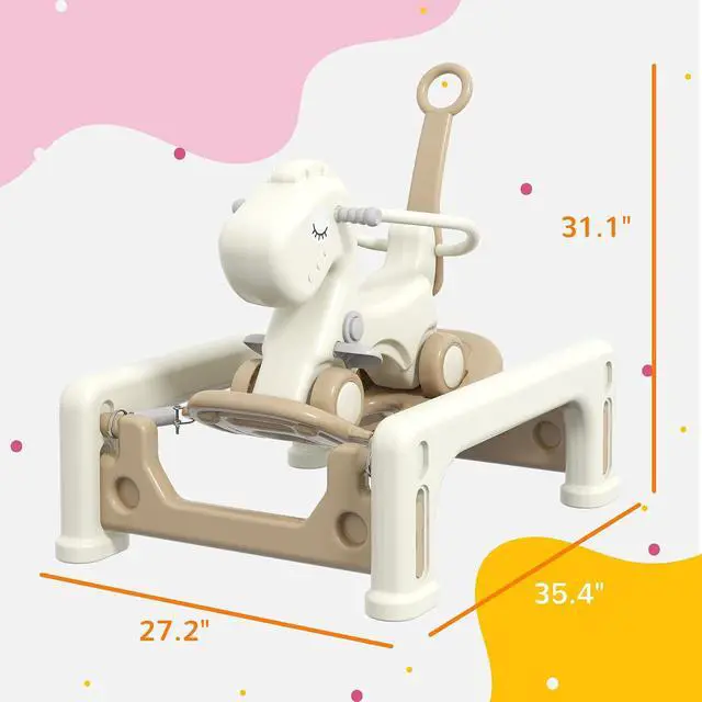 Alt view image 7 of 7 - Qaba 5 in 1 Kids Rocking Horse Horse-Shaped Detachable Base Cream White | Kids Spring Rocking Toy, Balance Bike Push Cart, Safety Guardrails, Footrests, Push Handle