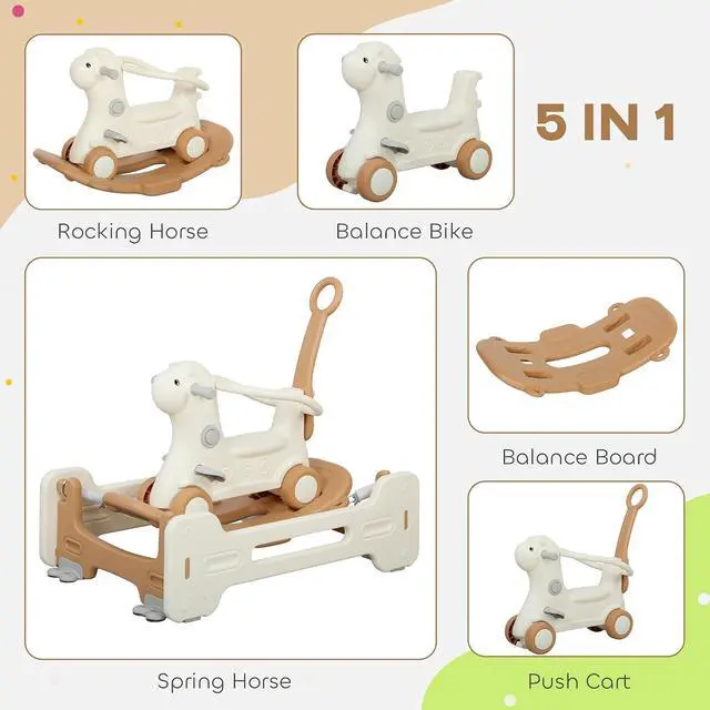 Alt view image 3 of 7 - Qaba 5 in 1 Kids Rocking Horse Alpaca-Shaped Detachable Base Brown | Kids Spring Rocking Toy, Balance Bike Push Cart, Safety Guardrails, Footrests, Push Handle