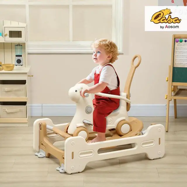 Alt view image 2 of 7 - Qaba 5 in 1 Kids Rocking Horse Alpaca-Shaped Detachable Base Brown | Kids Spring Rocking Toy, Balance Bike Push Cart, Safety Guardrails, Footrests, Push Handle