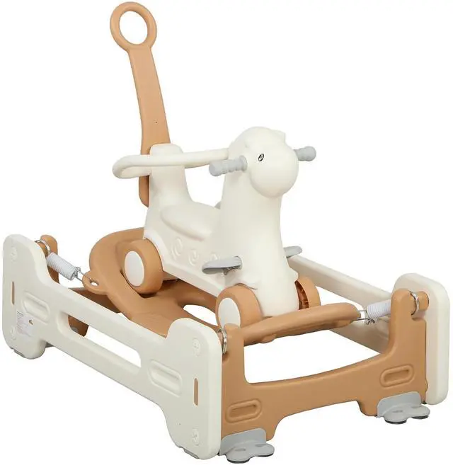 Main image of Qaba 5 in 1 Kids Rocking Horse Alpaca-Shaped Detachable Base Brown | Kids Spring Rocking Toy, Balance Bike Push Cart, Safety Guardrails, Footrests, Push Handle