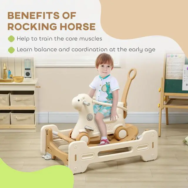 Alt view image 4 of 7 - Qaba 5 in 1 Kids Rocking Horse Alpaca-Shaped Detachable Base Brown | Kids Spring Rocking Toy, Balance Bike Push Cart, Safety Guardrails, Footrests, Push Handle