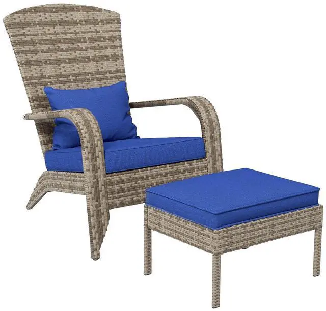 Main image of Patio Wicker Adirondack Chair with Ottoman High-Back Dark Blue | Outdoor Fire Pit Chair, Cushions, Large Seat & Armrests, for Deck, Garden & Backyard