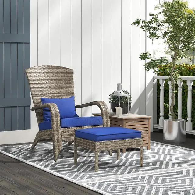 Alt view image 2 of 7 - Patio Wicker Adirondack Chair with Ottoman High-Back Dark Blue | Outdoor Fire Pit Chair, Cushions, Large Seat & Armrests, for Deck, Garden & Backyard