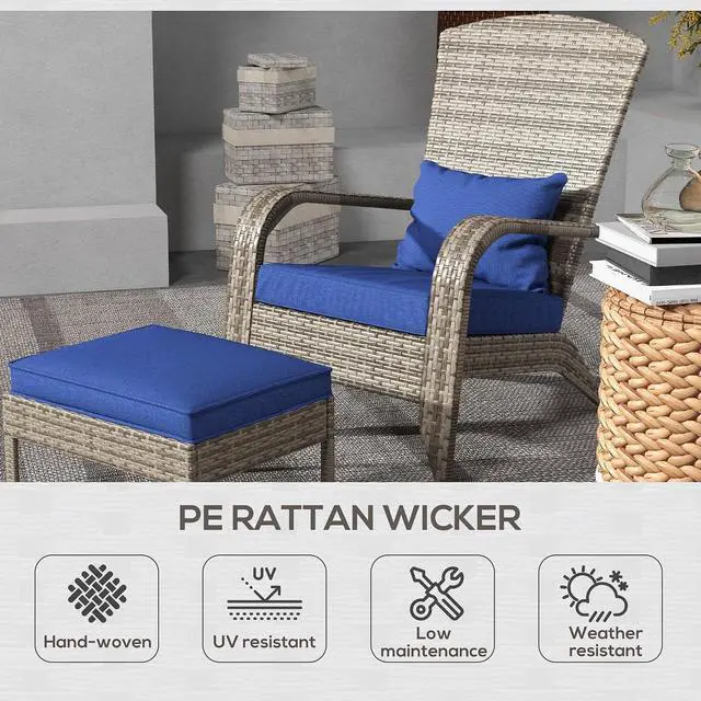Alt view image 4 of 7 - Patio Wicker Adirondack Chair with Ottoman High-Back Dark Blue | Outdoor Fire Pit Chair, Cushions, Large Seat & Armrests, for Deck, Garden & Backyard