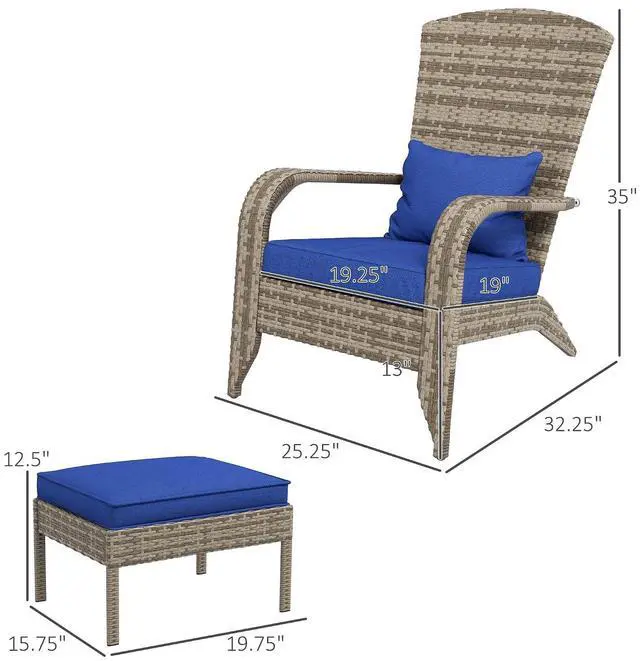 Alt view image 3 of 7 - Patio Wicker Adirondack Chair with Ottoman High-Back Dark Blue | Outdoor Fire Pit Chair, Cushions, Large Seat & Armrests, for Deck, Garden & Backyard