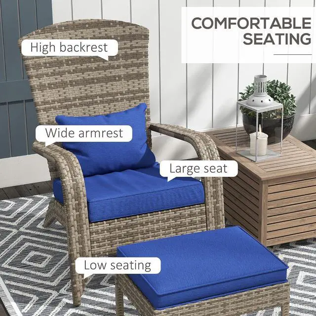 Alt view image 5 of 7 - Patio Wicker Adirondack Chair with Ottoman High-Back Dark Blue | Outdoor Fire Pit Chair, Cushions, Large Seat & Armrests, for Deck, Garden & Backyard