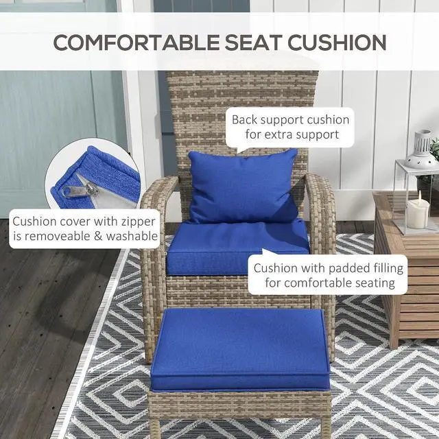 Alt view image 6 of 7 - Patio Wicker Adirondack Chair with Ottoman High-Back Dark Blue | Outdoor Fire Pit Chair, Cushions, Large Seat & Armrests, for Deck, Garden & Backyard