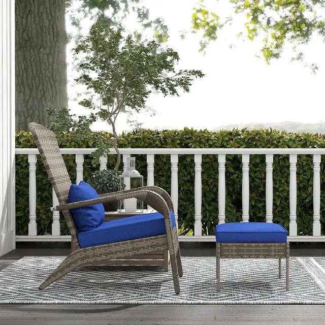 Alt view image 7 of 7 - Patio Wicker Adirondack Chair with Ottoman High-Back Dark Blue | Outdoor Fire Pit Chair, Cushions, Large Seat & Armrests, for Deck, Garden & Backyard