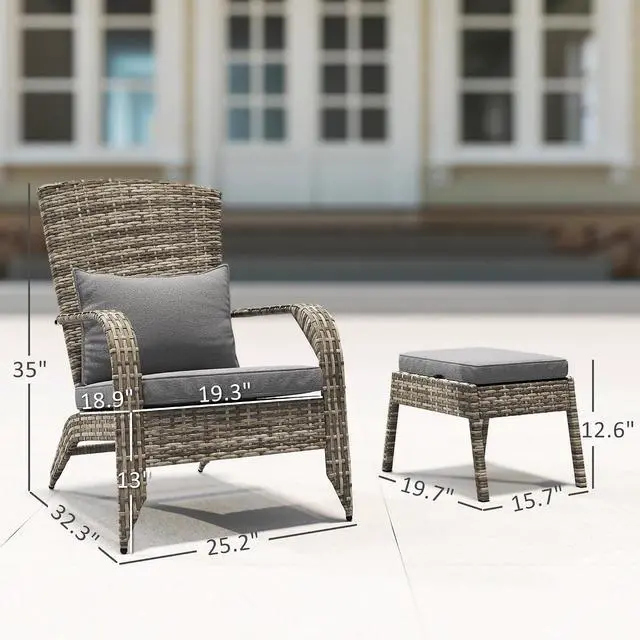 Alt view image 3 of 7 - Patio Wicker Adirondack Chair with Ottoman High-Back Gray | Outdoor Fire Pit Chair, Cushions, Large Seat & Armrests, for Deck, Garden & Backyard