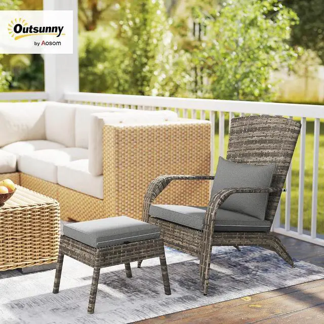 Alt view image 2 of 7 - Patio Wicker Adirondack Chair with Ottoman High-Back Gray | Outdoor Fire Pit Chair, Cushions, Large Seat & Armrests, for Deck, Garden & Backyard