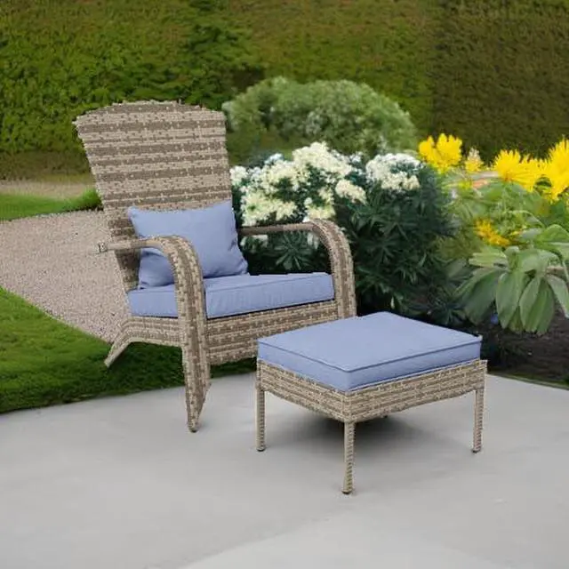 Alt view image 6 of 7 - Patio Wicker Adirondack Chair with Ottoman High-Back Gray | Outdoor Fire Pit Chair, Cushions, Large Seat & Armrests, for Deck, Garden & Backyard