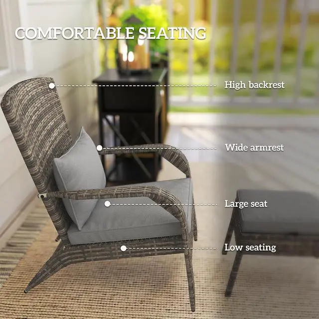 Alt view image 5 of 7 - Patio Wicker Adirondack Chair with Ottoman High-Back Gray | Outdoor Fire Pit Chair, Cushions, Large Seat & Armrests, for Deck, Garden & Backyard