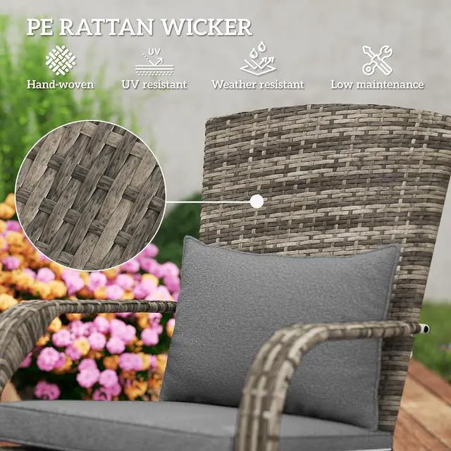 Alt view image 4 of 7 - Patio Wicker Adirondack Chair with Ottoman High-Back Gray | Outdoor Fire Pit Chair, Cushions, Large Seat & Armrests, for Deck, Garden & Backyard
