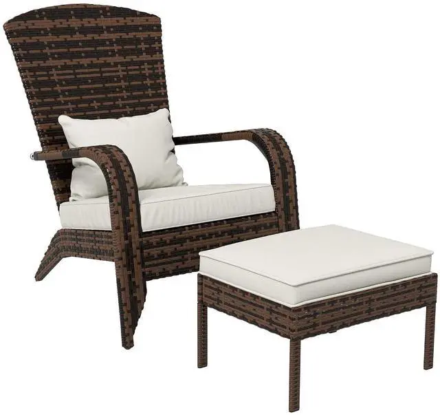 Main image of Patio Wicker Adirondack Chair with Ottoman High-Back Cream White | Outdoor Fire Pit Chair, Cushions, Large Seat & Armrests, for Deck, Garden & Backyard