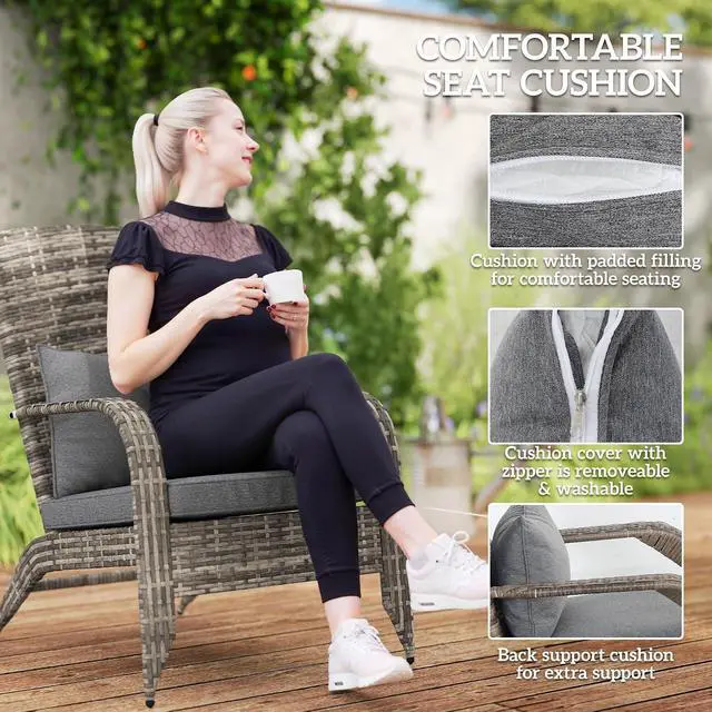 Alt view image 7 of 7 - Patio Wicker Adirondack Chair with Ottoman High-Back Gray | Outdoor Fire Pit Chair, Cushions, Large Seat & Armrests, for Deck, Garden & Backyard