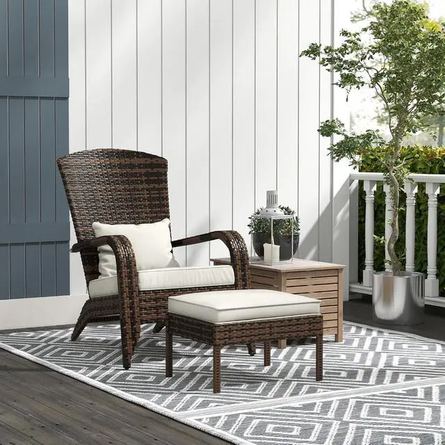 Alt view image 2 of 7 - Patio Wicker Adirondack Chair with Ottoman High-Back Cream White | Outdoor Fire Pit Chair, Cushions, Large Seat & Armrests, for Deck, Garden & Backyard